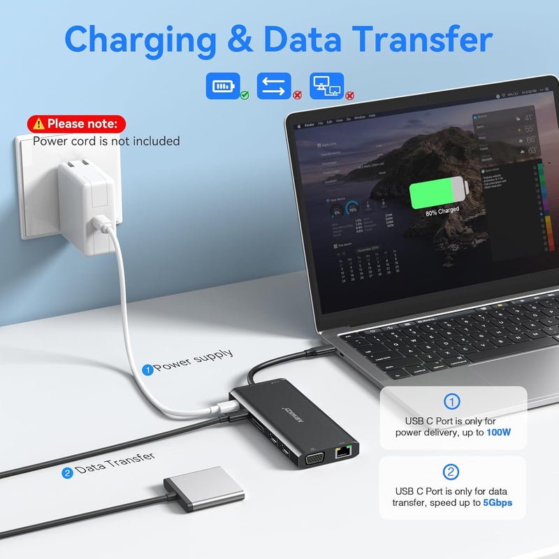 ABIWAZY USB C Docking Station Dual Monitor for Dell/HP/Lenovo/Surface Laptop, 14 in 1 Triple Display Hub Multiple Adapter, Dongle with 2 HDMI 4K VGA 5 Port 100W PD Charger Ethernet SD/TF Audio(Black) - Image 5